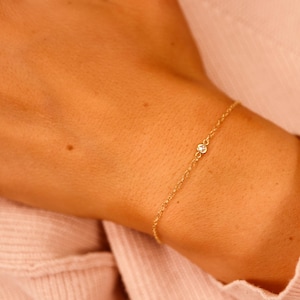 Dainty Diamond Bracelet 14k Gold, Natural Diamond Bezel Bracelet, Solitaire Diamond Chain Bracelet, Minimalist Jewelry Gift For Daughter