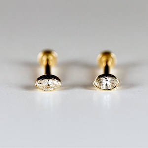 Marquise Diamond Labret Earrings 14k Solid Gold, Tiny Marquise Bezel Set Diamond Flat Back Studs, Minimalist Diamond Studs