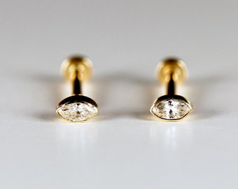 Marquise Diamond Labret Earrings 14k Solid Gold, Tiny Marquise Bezel Set Diamond Flat Back Studs, Minimalist Diamond Studs