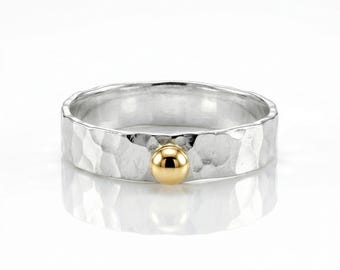 Hammered Sterling Silver Ring with 14k Gold Dot Accent, Mixed Metal Ring, Minimalist Silver Band, Gift for Her