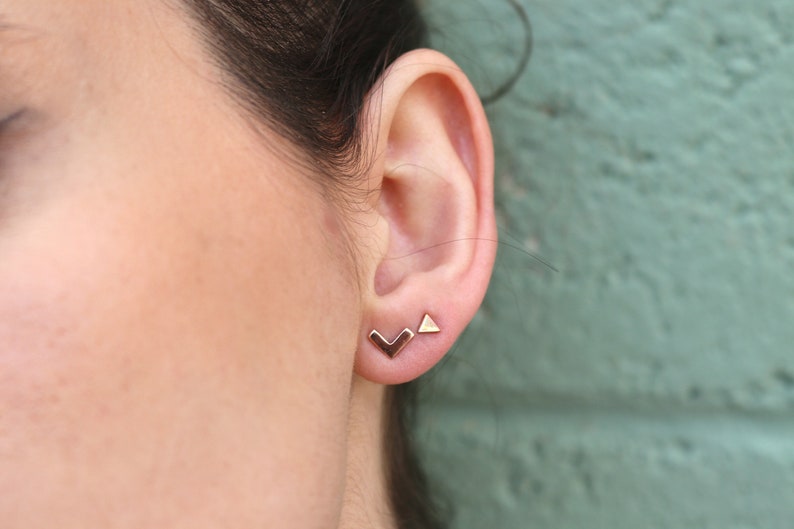 14k Solid Gold Earrings Stud Chevron, Handmade Minimalist Earrings, Jewelry Gift for Her, Geometric Modern Triangle Stud Earrings image 3