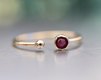 Ruby Ring 14k Gold, Ruby Open Ring, Adjustable Ring, Handmade July Birthstone Ring, Open Cuff Ring, Solid Gold Gemstone Ring Textured Band