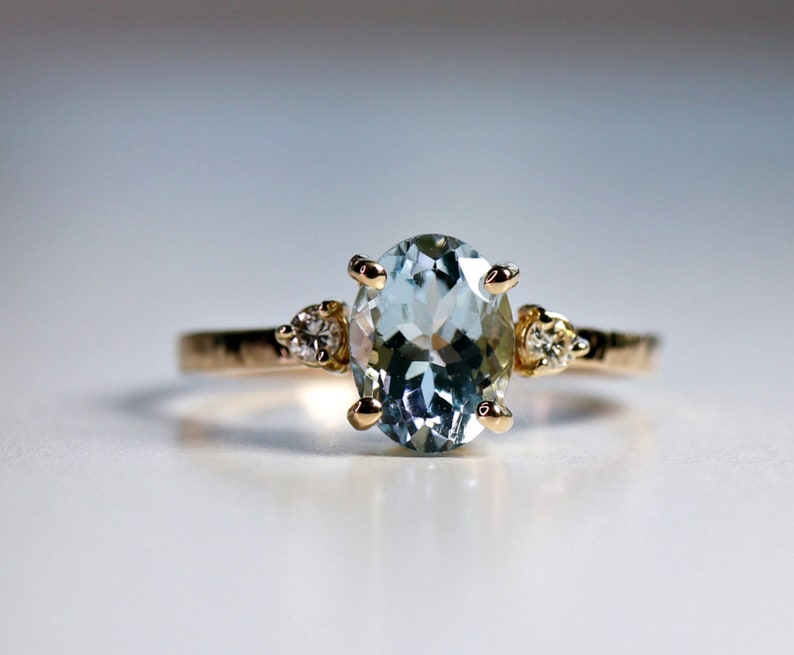 Oval Aquamarine Engagement Ring with two Accent Diamonds, 14k Gold Diamond Aquamarine Ring, Aquamarine Cluster Ring, March Birthstone Ring image 3