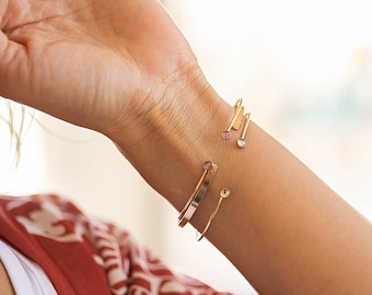 Dual Birthstone Bracelet Gold Filled, Birthstone Bangle Sterling Silver, Handmade Two Birthstone Jewelry Gift for Mom, Open Cuff Bracelet