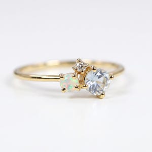 Dainty Multi-Gemstone Ring 14k Solid Yellow Gold, Aquamarine Opal Diamond Engagement & Promise Ring, Minimalist Stacking Jewelry for Her