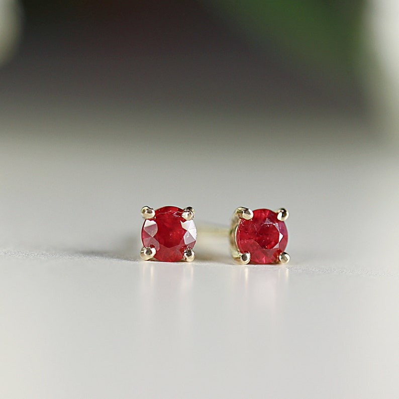 Delicate Ruby Stud Earrings 14k Gold Solid Gold Ruby Stud image 3