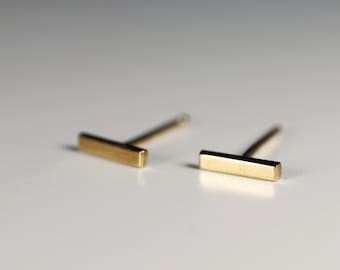 14k Solid Gold Bar Earrings, Minimalist Geometric Stud Earrings, Handmade Everyday Earrings, Simple Dainty Gold Studs, Gift for Mom