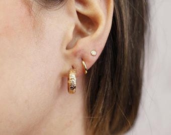 Floral Gold Hoop Earrings, Small Gold Filled Flower Hoops, Patterned Thick Open Hoops, Bridesmaid Jewelry Gift