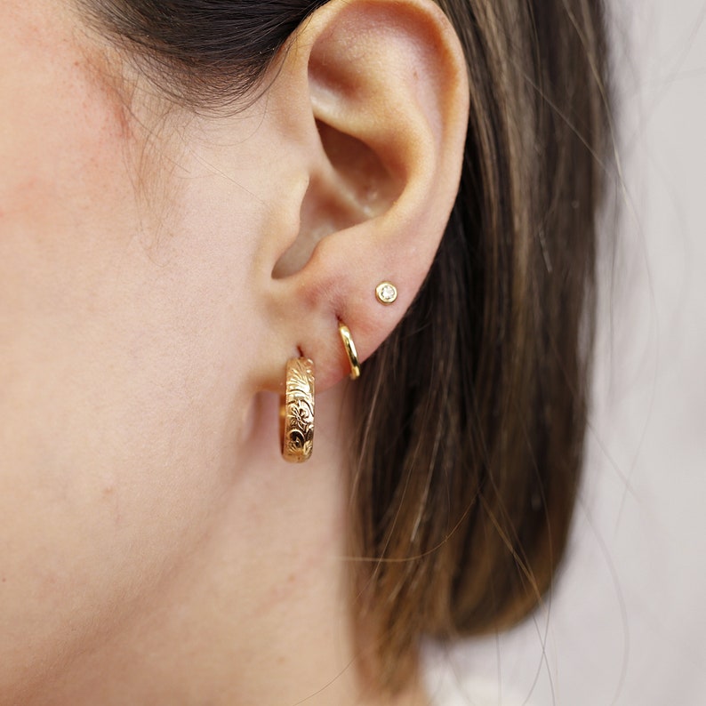Small Gold Hoops, Gold Filled Hoop Earrings Floral, Chunky Gold Hoops, Open Hoop Earrings, Patterned Hoops, Gift for Her Minimalist Earrings image 1
