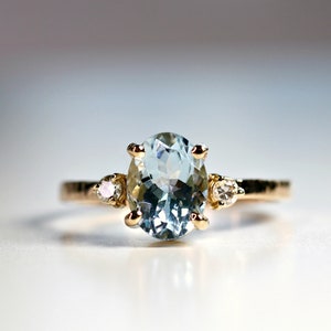 Oval Aquamarine Engagement Ring with two Accent Diamonds, 14k Gold Diamond Aquamarine Ring, Aquamarine Cluster Ring, March Birthstone Ring