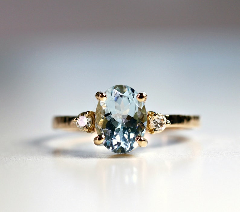 Oval Aquamarine Engagement Ring with two Accent Diamonds, 14k Gold Diamond Aquamarine Ring, Aquamarine Cluster Ring, March Birthstone Ring image 1