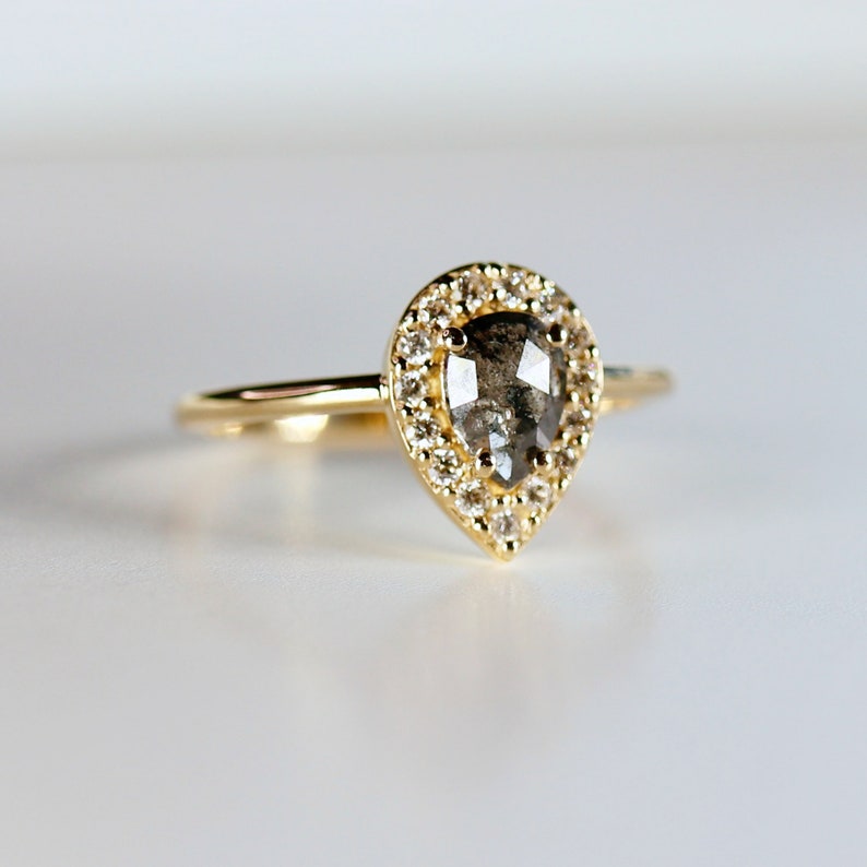 Rose Cut Pear Salt and Pepper Diamond Ring 14k Gold, Black Diamond Ring, Unique Engagement Ring, Gift for Wife image 5