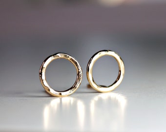 Open Circle Stud Earrings 14k Solid Gold, Hammered Gold Tiny Circle Studs, Yellow Gold or Rose Gold Stud Earrings, Gift For Her