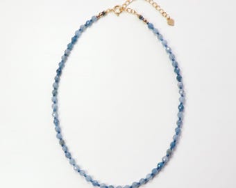 Aquamarine Silk Hand Knotted Necklace, Faceted 4mm Moss Aquamarine Choker with Gold Filled Extender, 16-18 inch
