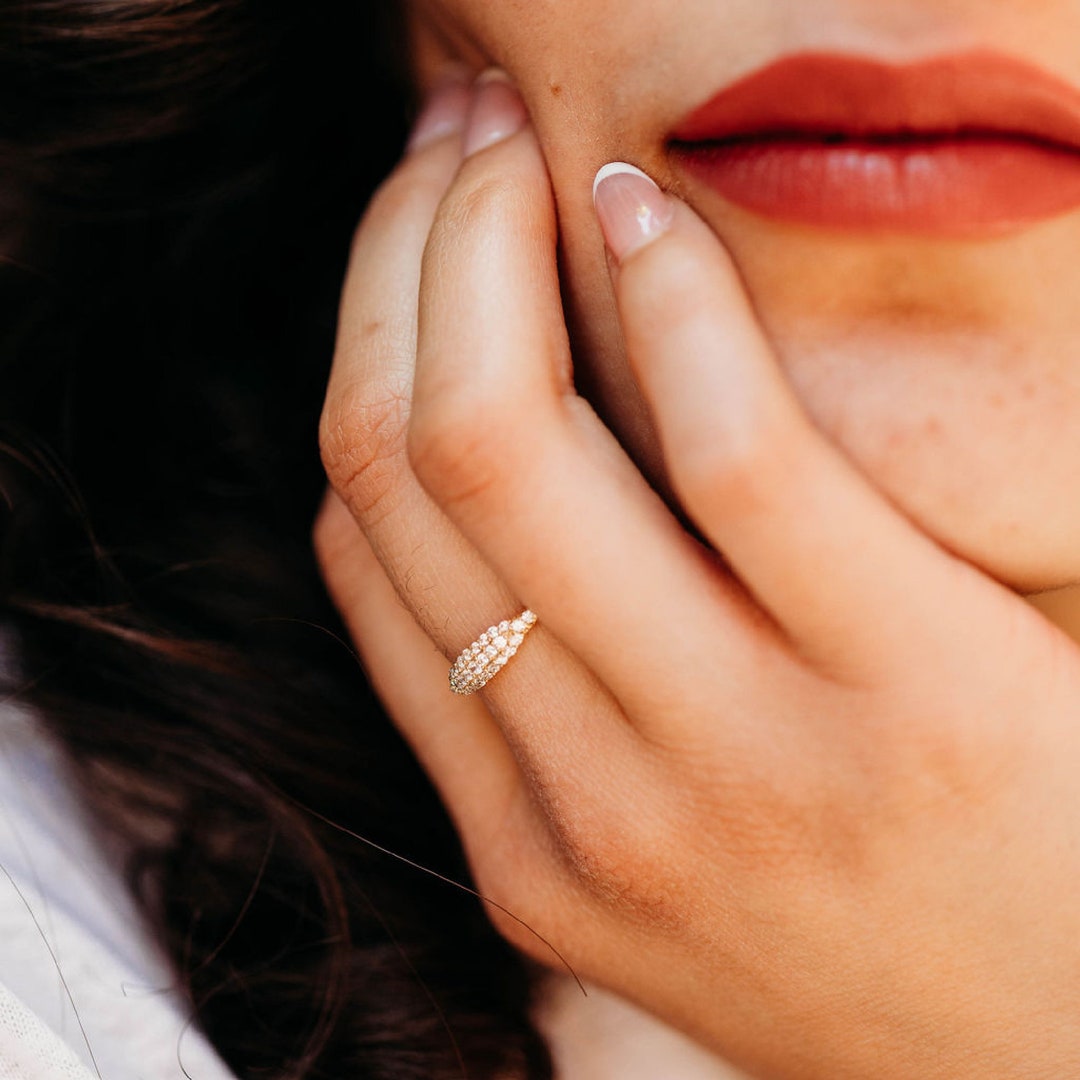 14k Gold Micro Pave Signet Ring, CZ Stacking Ring, Dainty Gold Pinky ...