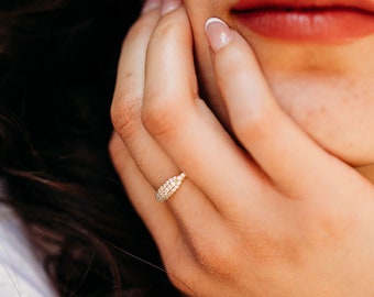 14k Gold Micro Pave Signet Ring, CZ Stacking Ring, Dainty Gold Pinky Ring, Minimalist 14k Gold Ring Cubic Zirconia, Stackable Bubble Ring