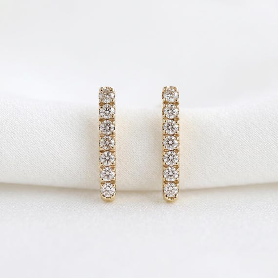Diamond Bar Earrings, 14k Solid Gold 10mm Pave, 0.12 ctw Total
