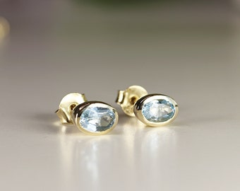 14k Solid Gold Aquamarine Earrings: Bezel Set March Birthstone Studs, Gold Gemstone Stud Earrings