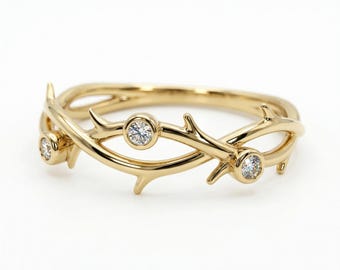 Twig Diamond Wedding Ring 14k Solid Gold, Nature Inspired Branch Engagement Ring, Unique Wedding Band, Organic Diamond Band, Botanical Ring