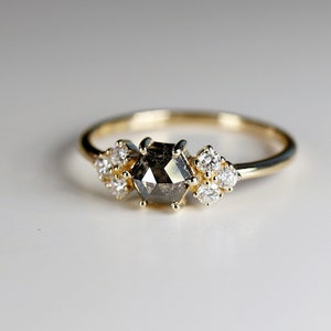 Hexagon Rose Cut Salt and Pepper Diamond Ring, 14k Yellow Gold Hexagon Diamond Ring, Conflict Free image 4