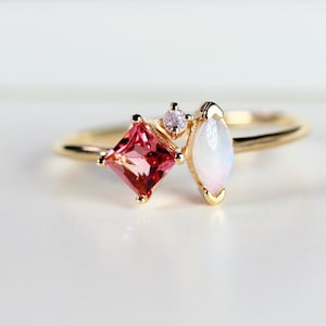 Pink Tourmaline, Opal Cluster Ring 14k Gold, Diamond and Tourmaline Ring, Colorful Engagement Ring,  Sapphire,  Family Birthstone Ring