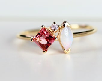 Pink Tourmaline, Opal Cluster Ring 14k Gold, Diamond and Tourmaline Ring, Colorful Engagement Ring,  Sapphire,  Family Birthstone Ring