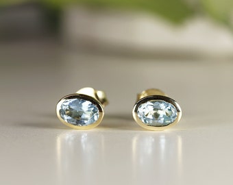 Aquamarine Earrings 14k Solid Gold, Aquamarine Stud Earrings, March Birthstone,  Birthday Gift, Natural Gemstone Studs