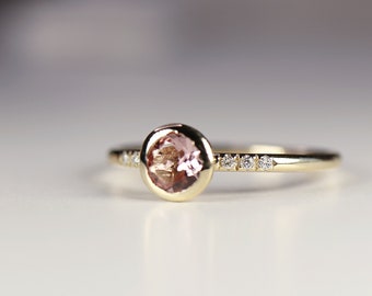 Diamond & Pink Tourmaline Ring 14k Solid Gold, Minimalist Handmade Engagement Ring, October Birthstone Ring, Anniversary Gift, Promise Ring