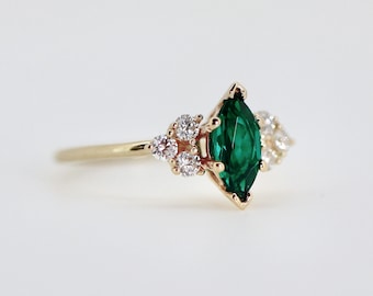 Unique 14k Gold Marquise Emerald Ring with Diamond Accents