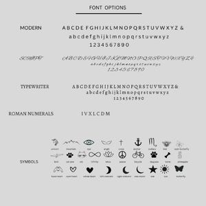 A white background with black text displaying font options: Modern, Script, Typewriter, Roman Numerals, and various symbols.