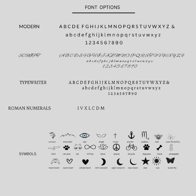 A white background with black text displaying font options: Modern, Script, Typewriter, Roman Numerals, and various symbols.