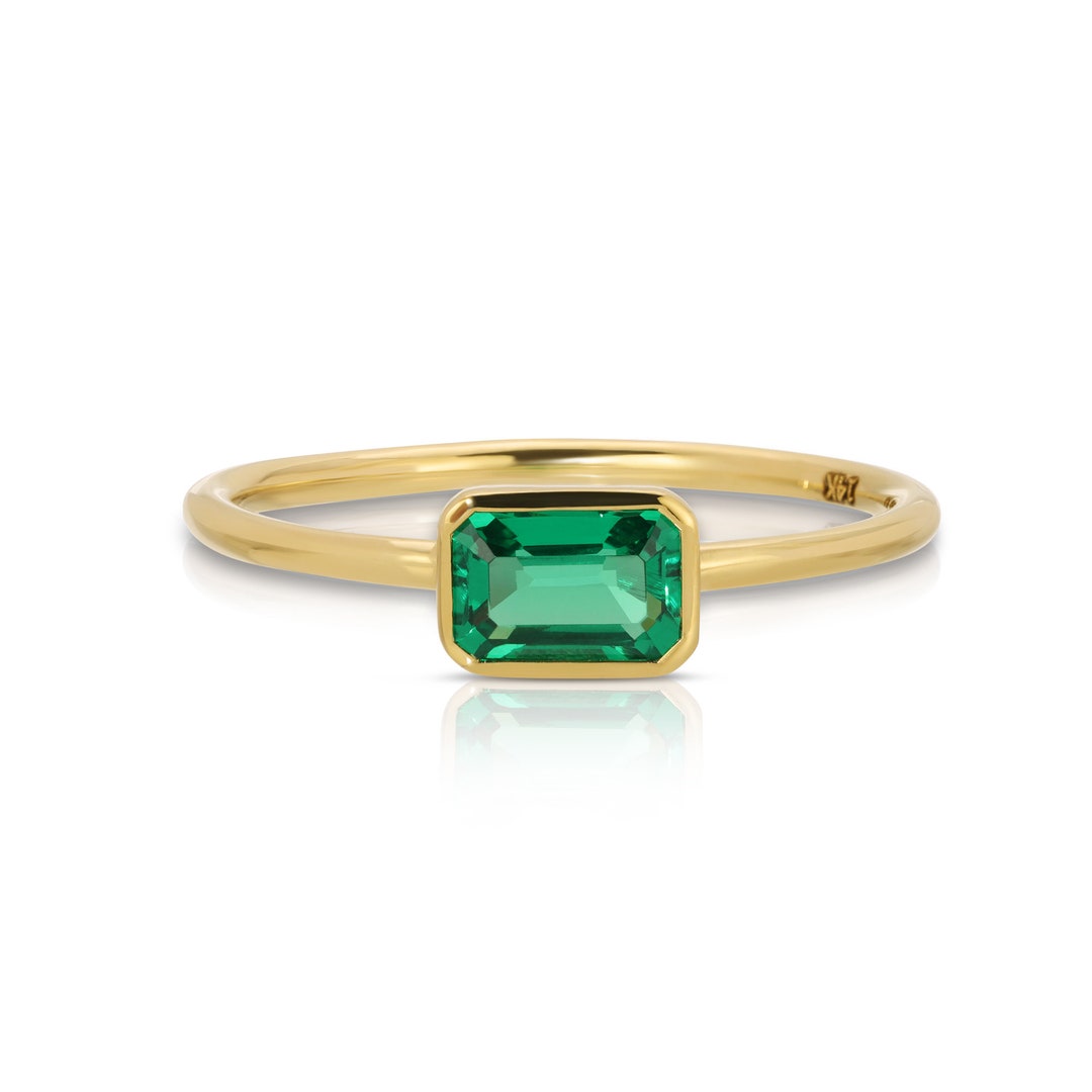 14k Gold Emerald Ring, East West Minimalist Emerald Engagement Ring ...
