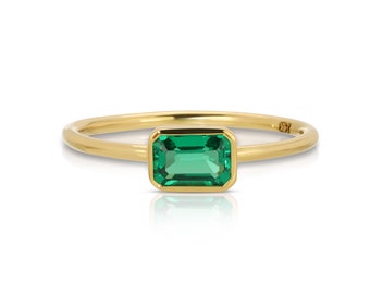 14k Gold Emerald Ring, East West Minimalist Emerald Engagement Ring, Bezel Set Emerald Cut Emerald Ring, Anniversary Ring, May Birthstone
