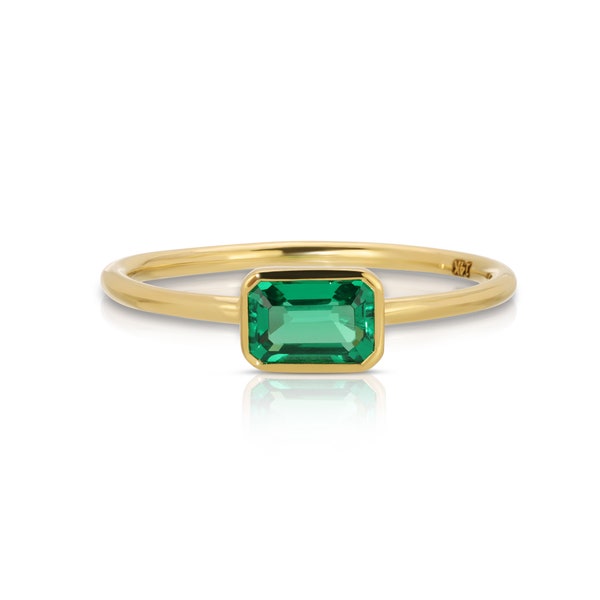 14k Gold Emerald Ring, East West Minimalist Emerald Engagement Ring, Bezel Set Emerald Cut Emerald Ring, Anniversary Ring, May Birthstone