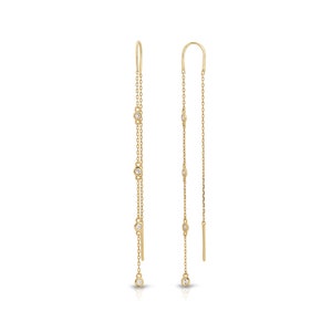 14k Gold Diamond By the Yard Earrings, Natural Diamond Threader Earrings, Drop Chain Earrings, Gold Diamond Station Earrings, Gift for Her