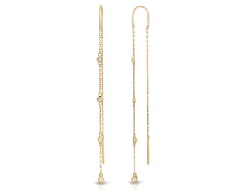 14k Gold Diamond By the Yard Earrings, Natural Diamond Threader Earrings, Drop Chain Earrings, Gold Diamond Station Earrings, Gift for Her
