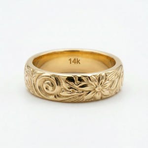 Nature Inspired Wedding Band 14k Solid Gold, Vintage Floral Ring, Wide Textured Gold Band, Botanical Wedding Ring, Gift for Her