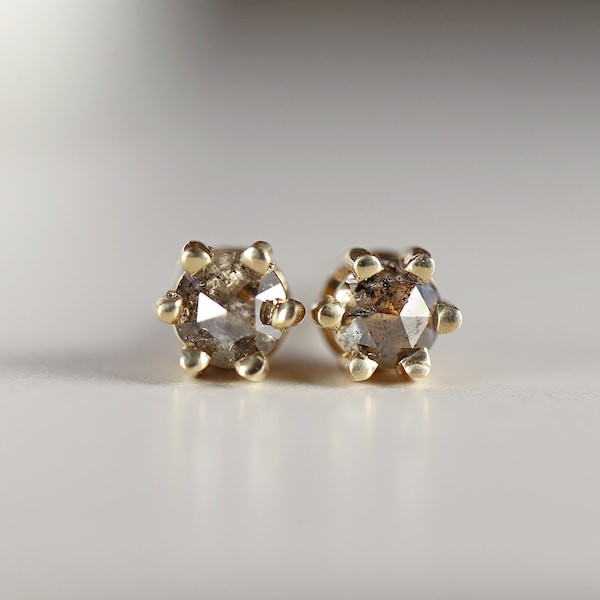 Champagne Diamond Stud Earrings 6 Prongs, Rose Cut Cognac Diamond Earrings, 14k Gold Stud Earrings Unique Minimal Natural Diamond