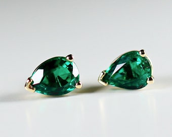 Genuine Pear Emerald Earrings 14k Gold, Teardrop Emerald Stud Earrings May Birthstone Jewelry 20th Anniversary Gift for Wife, Gift for Mom