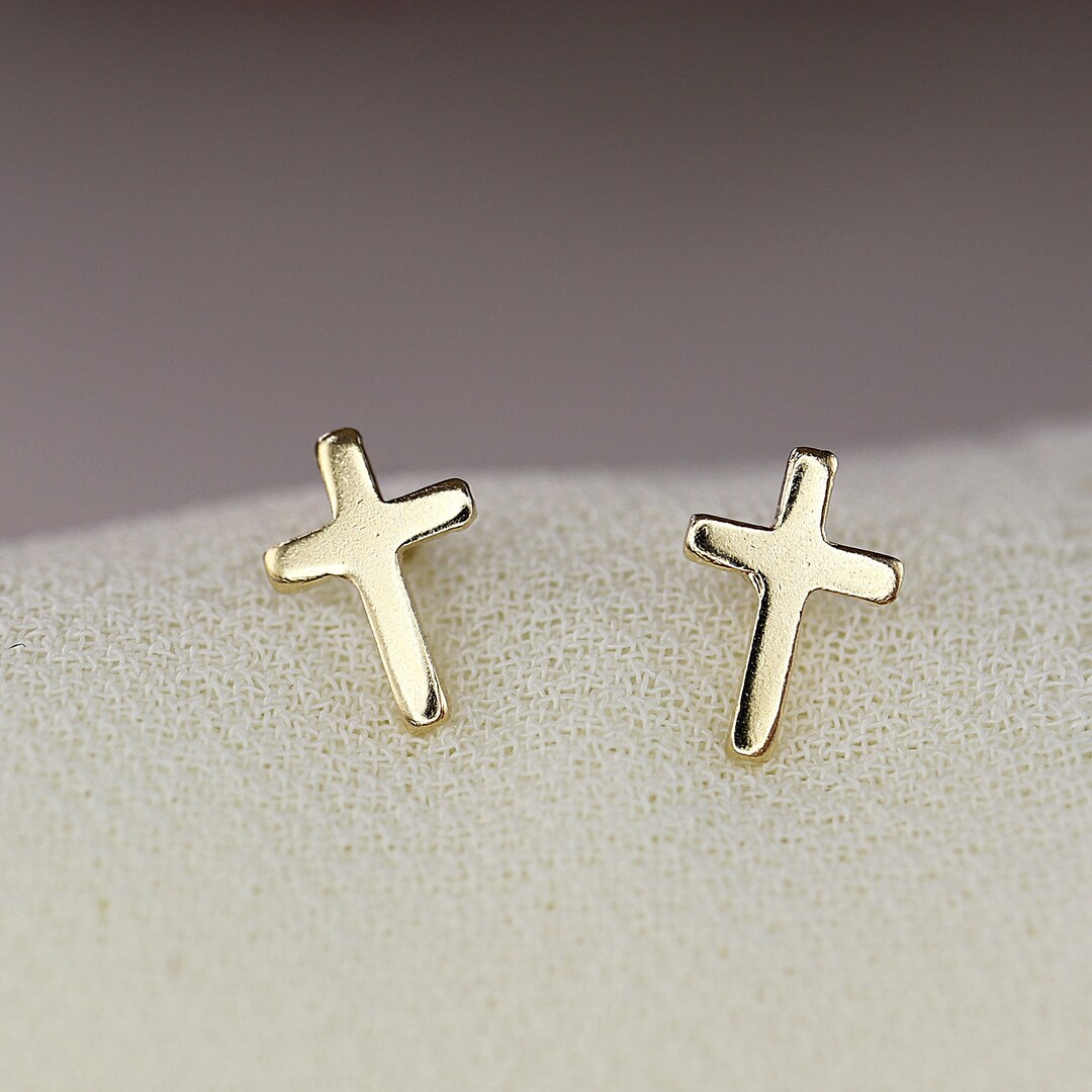 Gold Cross Earrings 14k Solid Gold, Cross Stud Earrings, Religious