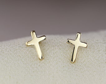 Gold Cross Earrings 14k Solid Gold, Cross Stud Earrings, Religious Jewelry, Delicate Cross Studs, Minimalist Everyday Studs Earrings