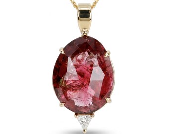 Pink Tourmaline Necklace in 14k Gold, Rose Cut Pendant with Triangle Diamond, October Birthstone Jewelry