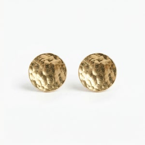 Gold Disc Hammered Earrings, Gold Filled Stud Circle Earrings, Minimalist Geometric Disk Posts, Gift for Sister