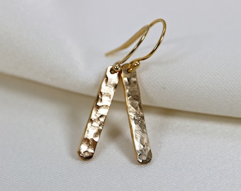 Bar Dangle Earrings, Gold Filled Dangle Earrings Bar, Hammered Gold Drop Earrings, Gold Bar Earrings, Minimalist Bar Drop Earrings
