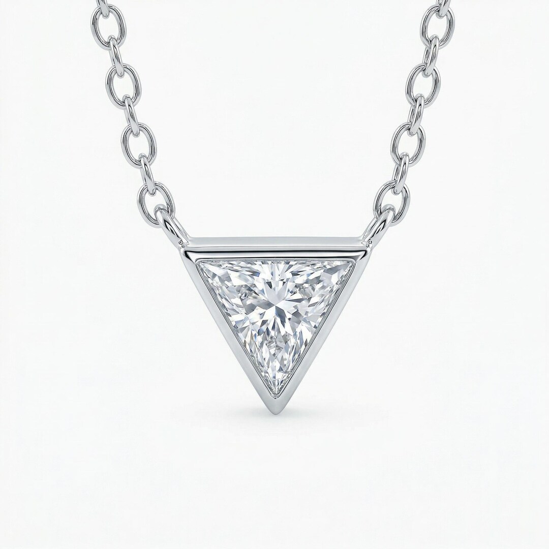 Triangle Moissanite Necklace – 14k Solid White Gold, Bezel Set Dainty ...