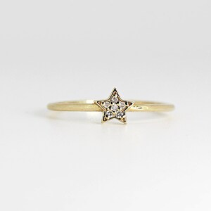 Natural Diamond Star Ring 14k Gold, Dainty Star Pave Diamond Ring, Minimalist Diamond Stacking Ring, Celestial Jewelry Gift for Her