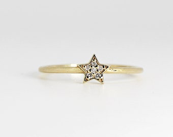 Natural Diamond Star Ring 14k Gold, Star Pave Diamond Ring, Minimalist Diamond Stacking Ring, Celestial Jewelry, Dainty Diamond Ring