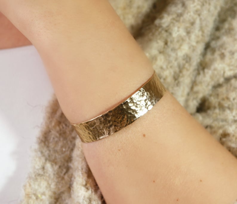 Wide Cuff Bracelet Gold Filled, Hammered Gold Cuff Bracelet, Personalized Bracelet Handmade Open Cuff, Statement Jewelry, Gift for Her image 9