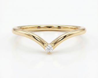 V Shaped Diamond Wedding Band 14k Solid Gold, Curved Chevron Ring, Dainty Gold Contour Band, Stackable Gold V Band for Her