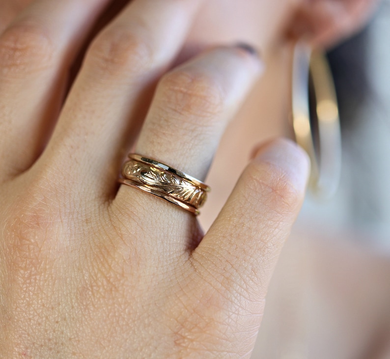 14k Solid Gold Stacking Rings Set of 3, Gold Floral Wedding Band Art Nouveau Ring, Flower Pattern Ring image 1